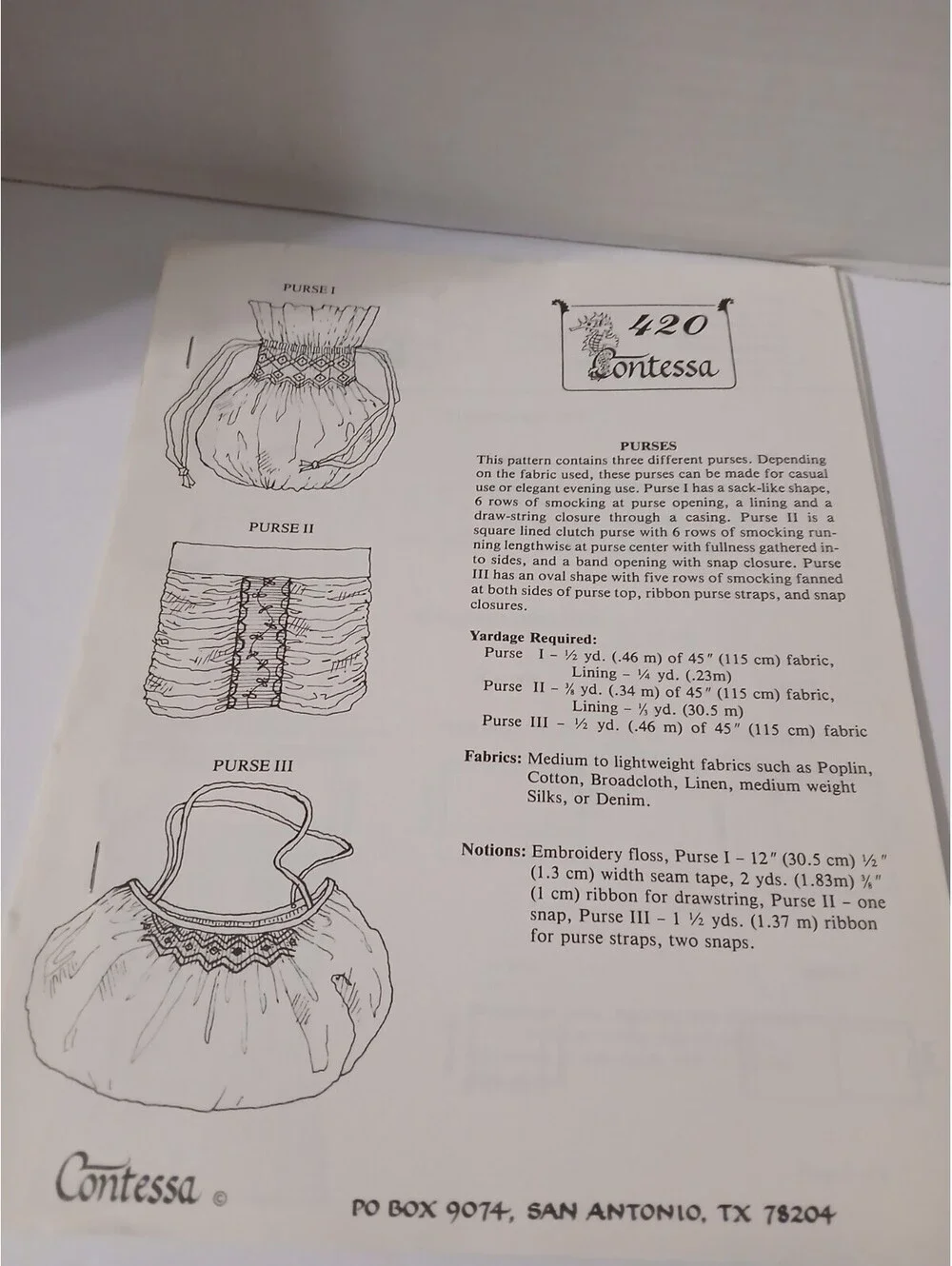 Vintage Contessa 420 Smocking Sewing Pattern 3 Purse Styles Evening Bag